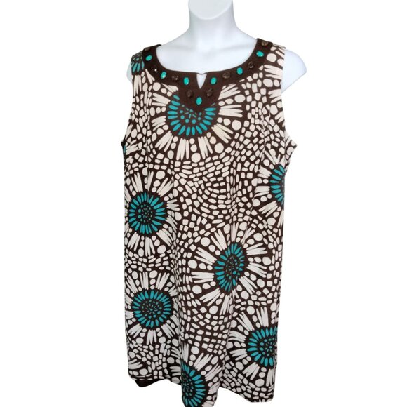 Jessica Howard Brown Turquoise Abstract Print Dress Beaded Neckline Size 22W - Picture 2 of 8